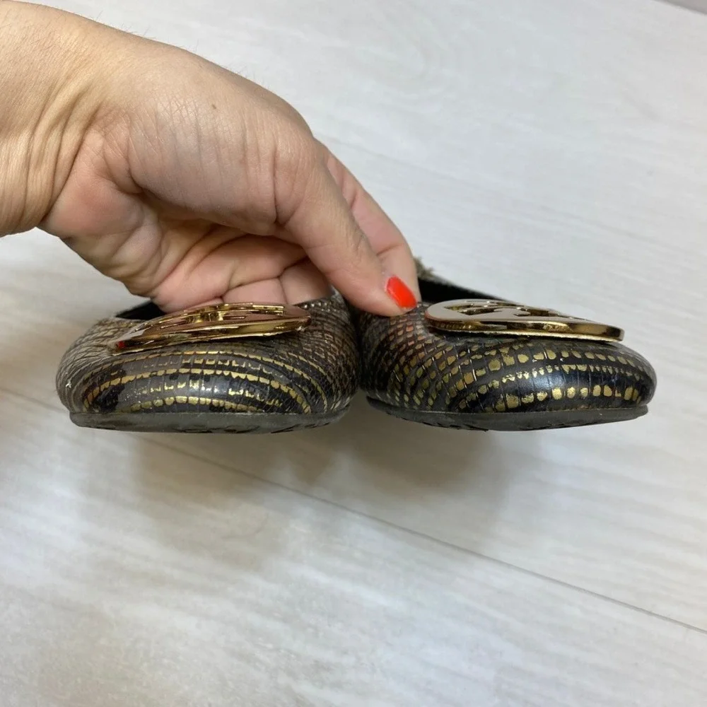 Flaw Tory Burch‎ Reva Ballet Flats Gold Metallic Snakeskin Logo Medallion 8.5M
